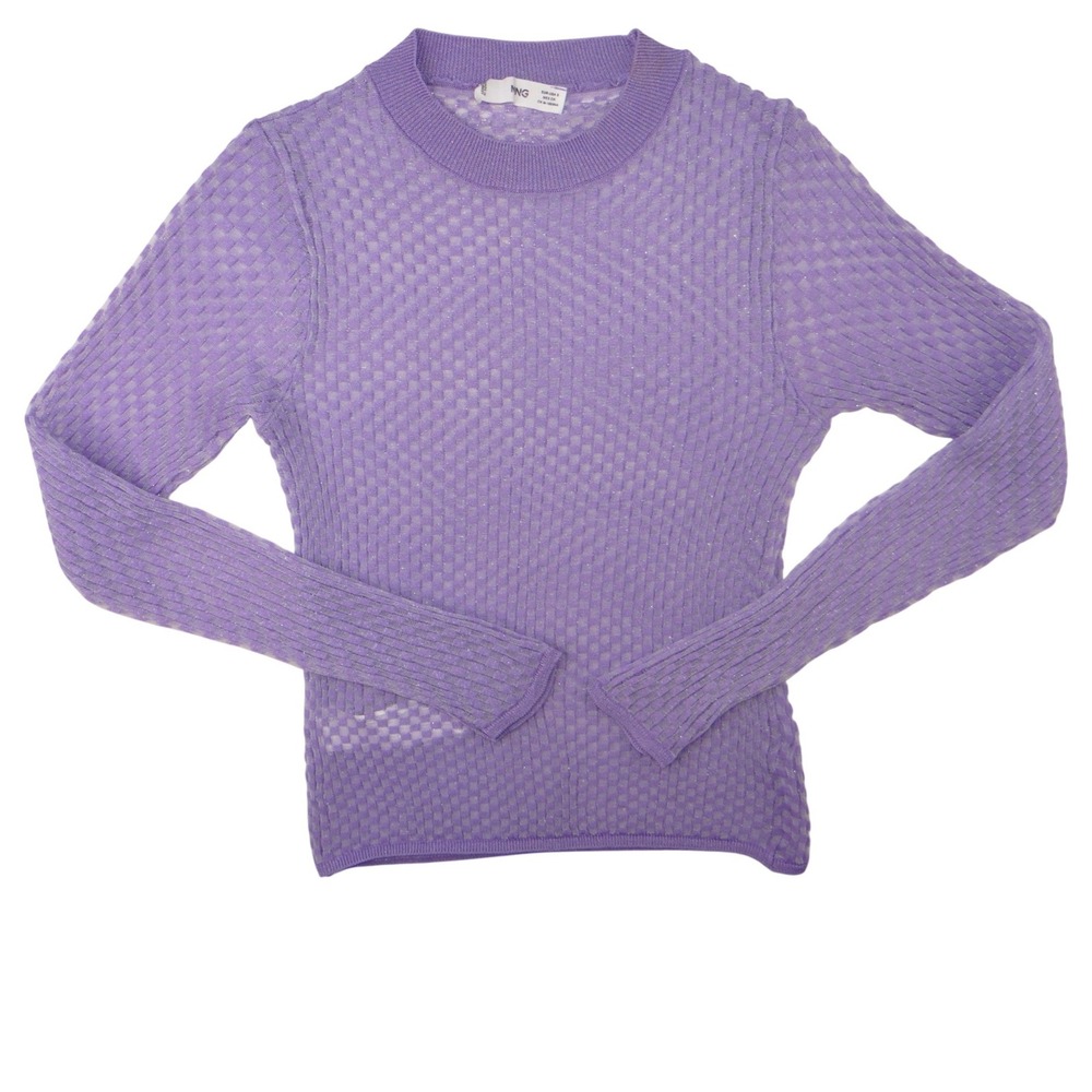 MNG MANGO Lavender Textured Knit Long Sleeve Sweater Top Sheer Sparkle Size S